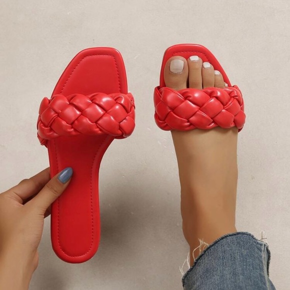 Shoes - Braided Strap Slide Sandals RED